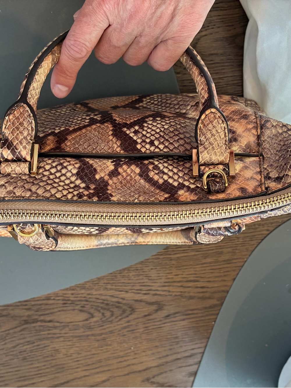 Michael Kors Brown and Tan Astor  Snake-Print Satchel - Picture 12 of 15